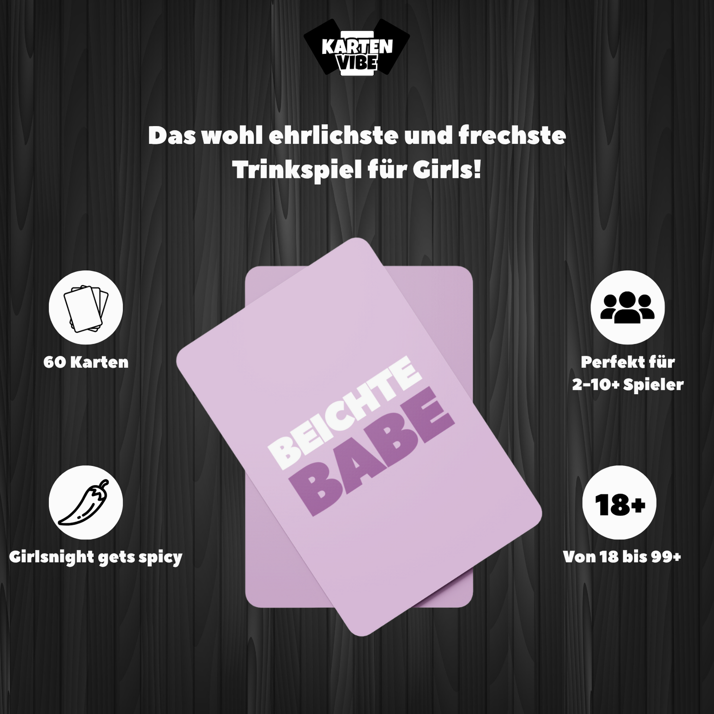 Kartenübersicht vom Kartenspiel „Beichte Babe“ – lustige, peinliche und überraschende Fragen & Challenges für Frauenabende und Girlsnight-Trinkrunden