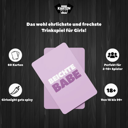 Kartenübersicht vom Kartenspiel „Beichte Babe“ – lustige, peinliche und überraschende Fragen & Challenges für Frauenabende und Girlsnight-Trinkrunden